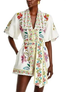 FARM Rio Floral Insects Linen-Blend Romper Size M